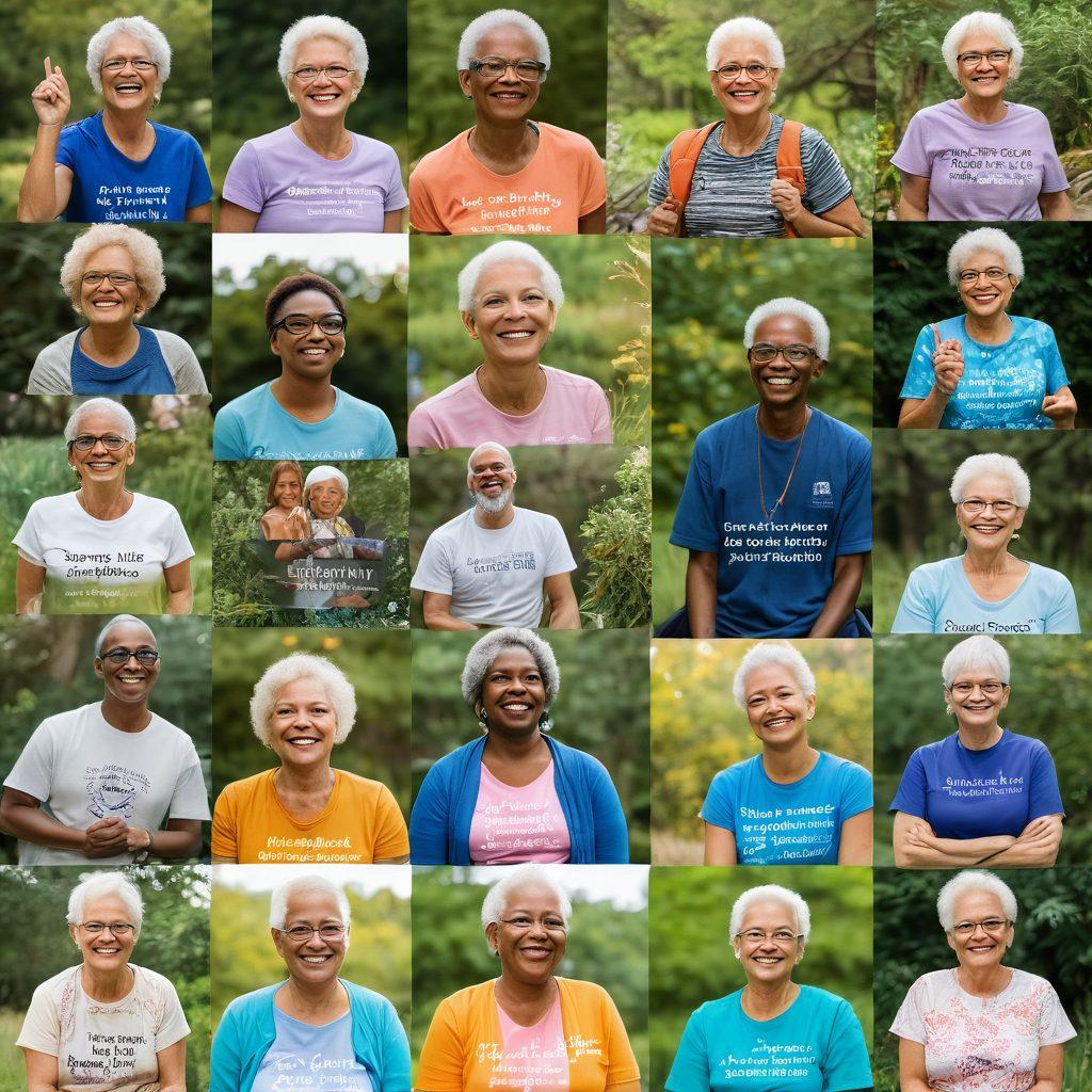 A collage of diverse cancer survivors sharing their stories in different settings — a joyful reunion, an empowering seminar, and a peaceful nature walk. Each person exhibiting strength and hope, surrounded by supportive friends and family. The background features inspirational quotes about resilience and advocacy. Soft, warm colors to evoke positivity and warmth. super-realistic. vibrant colors. uplifting atmosphere.