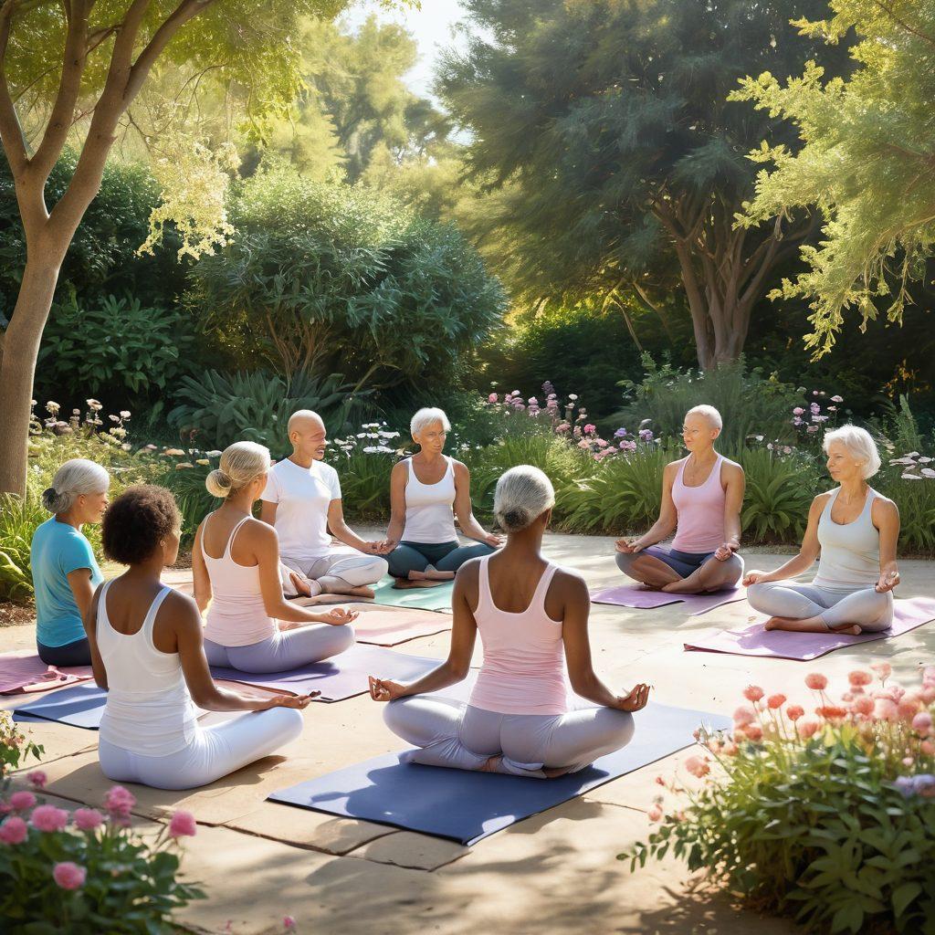 A serene scene depicting a diverse group of cancer patients engaged in various wellness activities, such as yoga in a sunlit garden, meditative practices on the beach, and sharing healthy meals together, all while radiating hope and resilience. Soft pastel colors create a soothing atmosphere, with blooming flowers symbolizing growth and transformation. super-realistic. vibrant colors. warm lighting.