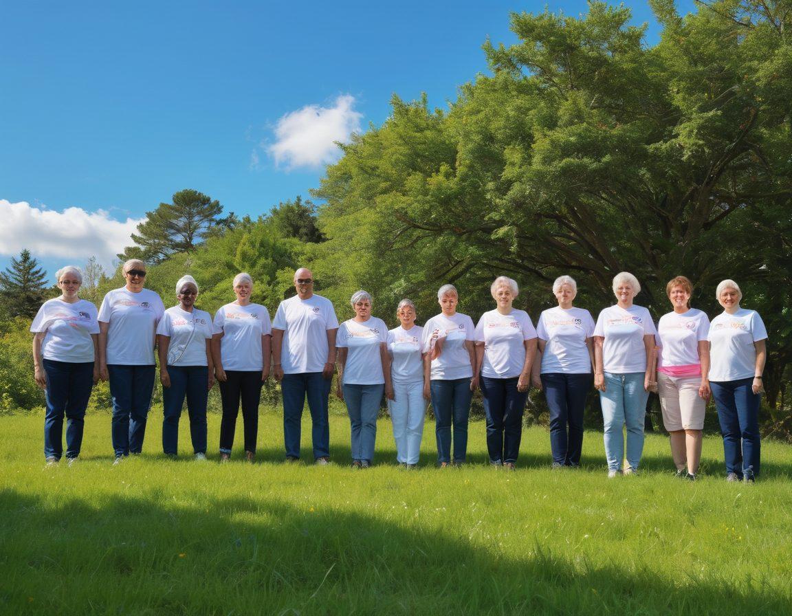 A diverse group of individuals of various ages and ethnicities, standing together on a vibrant green hill, symbolizing unity in cancer advocacy. In the background, a clear blue sky with the sun shining bright, casting warm light, while colorful ribbons (symbolizing cancer awareness) flutter in the gentle breeze. The atmosphere conveys hope and support, with soft expressions and gentle gestures. super-realistic. vibrant colors. uplifting atmosphere.